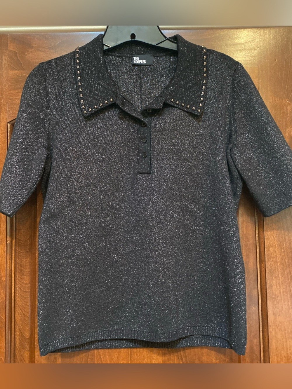 The Kooples Womens Mix Viscose Studs Polo Sweater Black Metallic US Sz 8 NWT